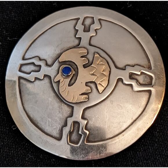 Vintage Peru 2" Round 925 Sterling 18K Gold Turquoise Inca Bird Brooch/Pendant - Picture 1 of 6